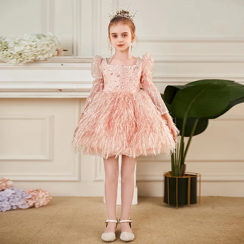 Luxury Pink Crystals Puffy Flower Girl Dresses 2025 Square Neck Sleeves Sequined Kids Birthday Pageant First Communion Gowns