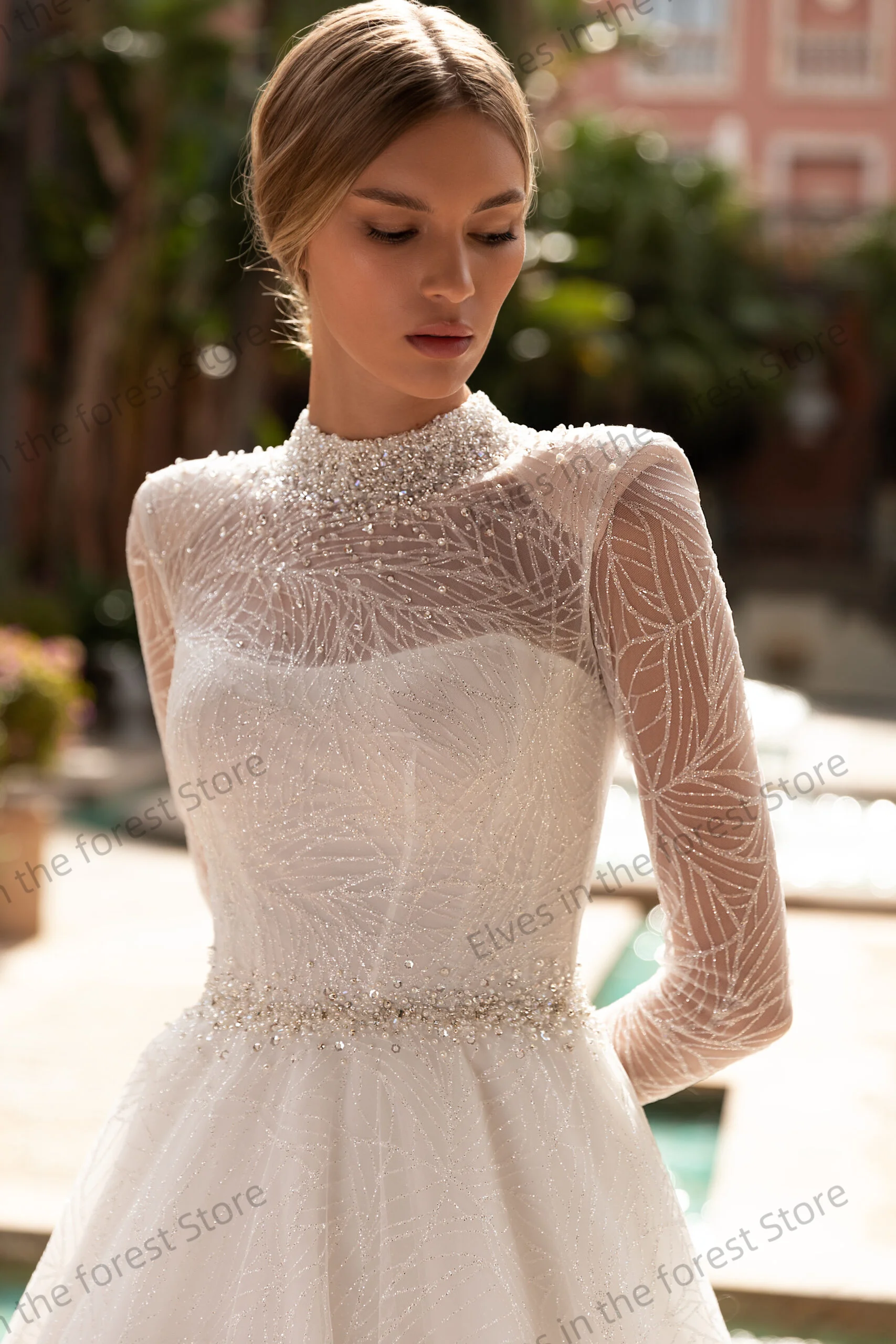 Stunning A Line Women Wedding Dress O Neck Full Tulle Sleeve Bridal Gowns Customized Shiny Beads Long Vestidos De Mariee