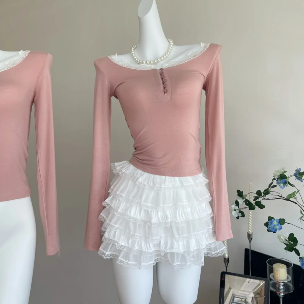 Autumn Pink Y2k Sweet Vintage Blouse Female Aesthetic Elegant Lace Sexy High Street Tops Female Patchwork Chic Casual Clothing