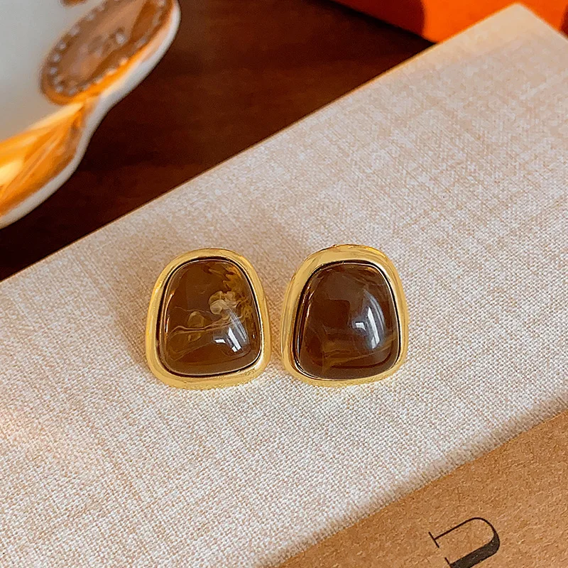 Vintage Brown Resin Square Stud Earrings, Women's Gift