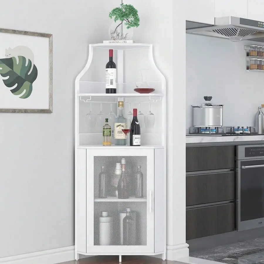 Wine Cabinet Bar With Detachable Wine Rack And Glass Holder,Farmhouse Style Furniture Bar With Mesh Door For Living Room And Kit view 3
