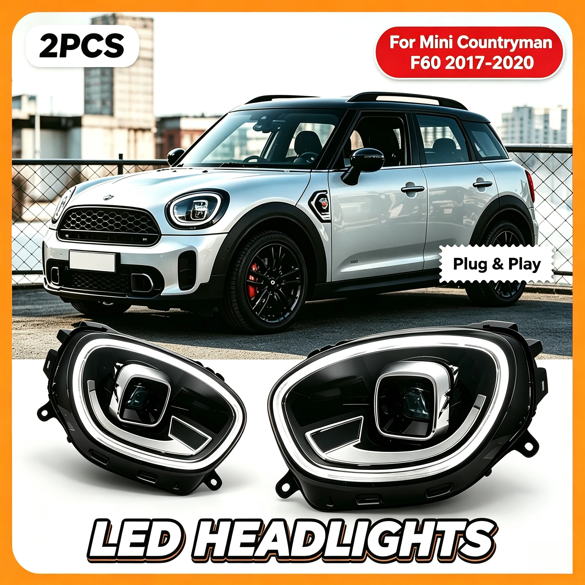 Kit di aggiornamento automatico per fari anteriori a LED, 2 pezzi, compatibile con BMW MINI Countryman F60 2017-2020, lenti a proiettore, luci diurne DRL, lampada anteriore, impermeabile IP67,