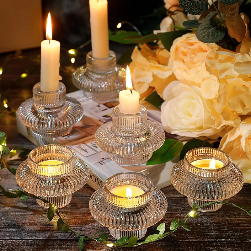 3/6Pcs Glass Candlestick Holder Tealight Candle Table Centerpiece Candles Stick Holder Set for Wedding, Party, Home Decoration