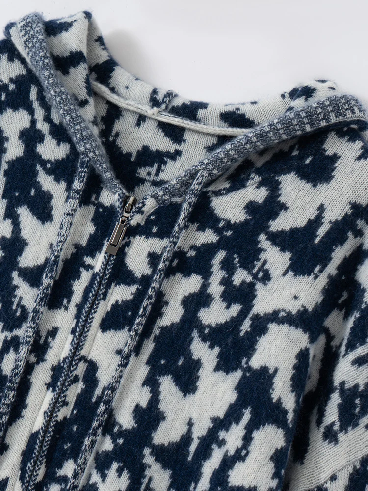 عالية الجودة جديد إمرأة 100% سترة الكشمير المعنقة الأزرق والأبيض الخزف مقنعين سستة سترة الخريف الشتاء لينة سميكة رداء علوي غير رسمي