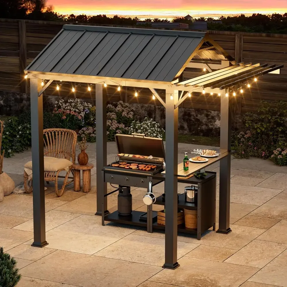 Grill Gazebo 6' x 8' with Galvanized Steel Roo and Pergola Extension, BBQ Gazebo with UV Blocking & Waterproo Design, Grill with
