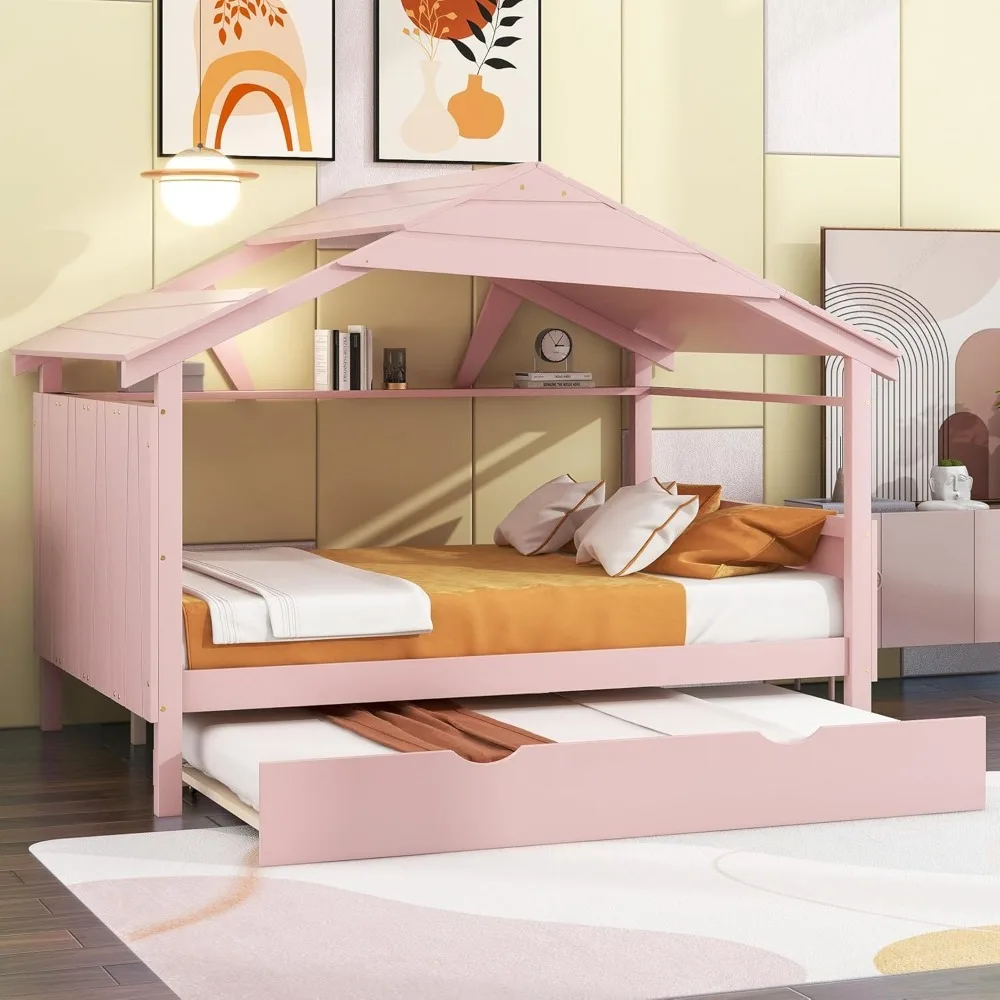 Kids House Bed Playhouse Design with Trundle Bed Easy Assemble with Headboard and Storage Shelf Full Daybed  with Roof for Kid