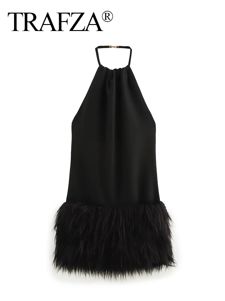 

TRAFZA Women Black Fashion Sexy Halter Neck Faux Fur Effect Hem Zipper Short Dress Female Elegant Sleeveless Backless Mini Dress