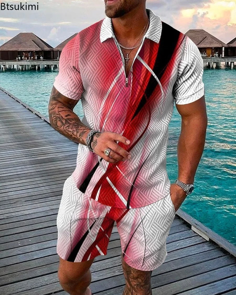 2024 Men's Summer Casual Zip Short Sleeve Polo Shirt and Beach Shorts 2 Piece Sets Tracksuit Men's 3D Print Sports Suit Sets 5XL