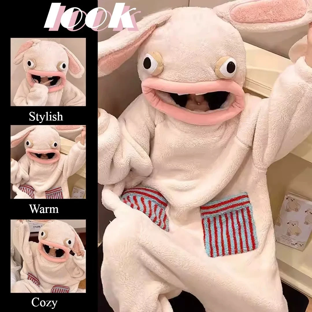 Rabbit Cosplay  Anime Flannel Jumpsuit Adult Long Sleeve Long Pants Hooded Warm Cute Cartoon Style Homewear Soft Sleepwear Gift image 3