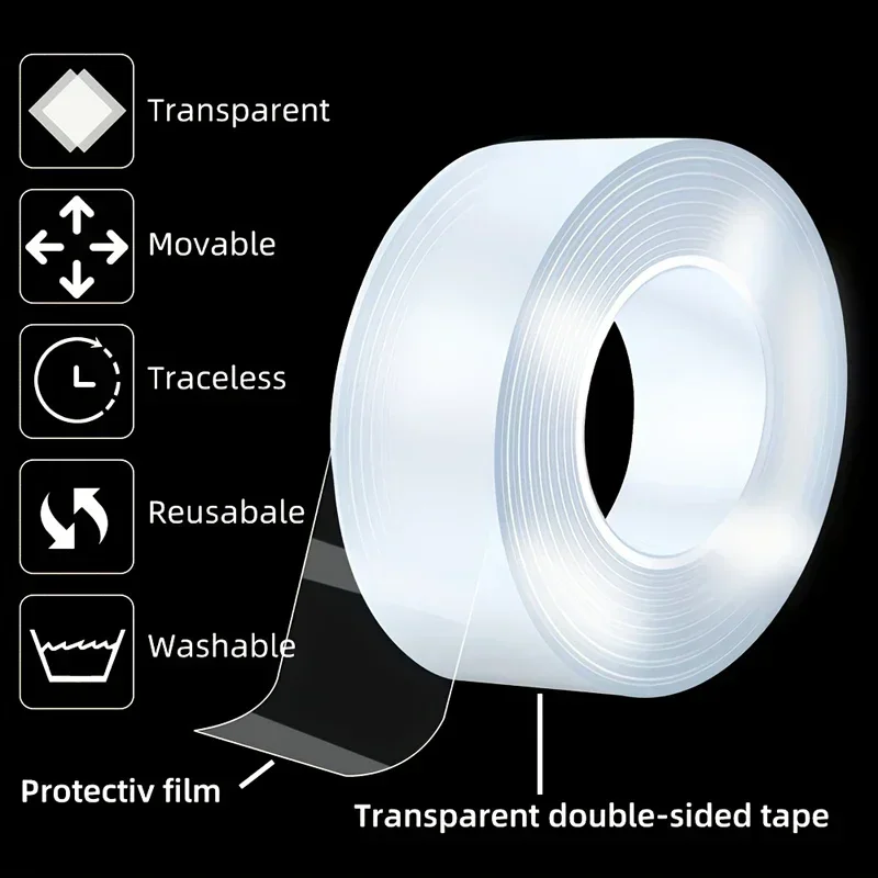 1Pcs New Nano Tracsless Double Sided Tape Transparent Reusable Lasting Waterproof Resistant Heat Adhesive Cleanable Car Special image 3