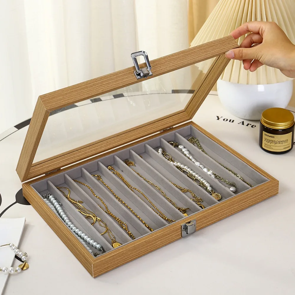 Velvet Fabric Jewelry Storage Tray Solid Color Glass Lid Pendant Display Case Large Capacity Dust Proof Long Necklace Box