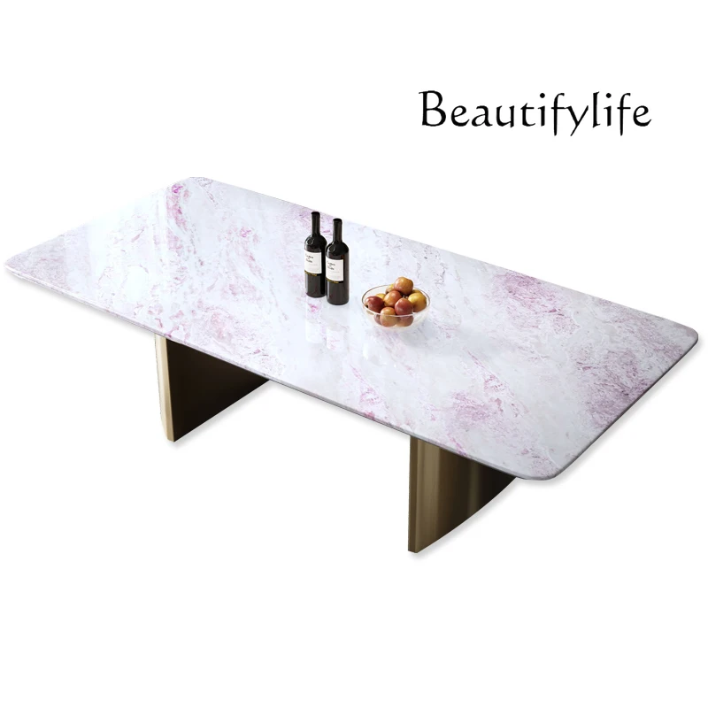 

Imported rainbow luxury stone dining table natural marble rectangular dining table modern simple light luxury dining table