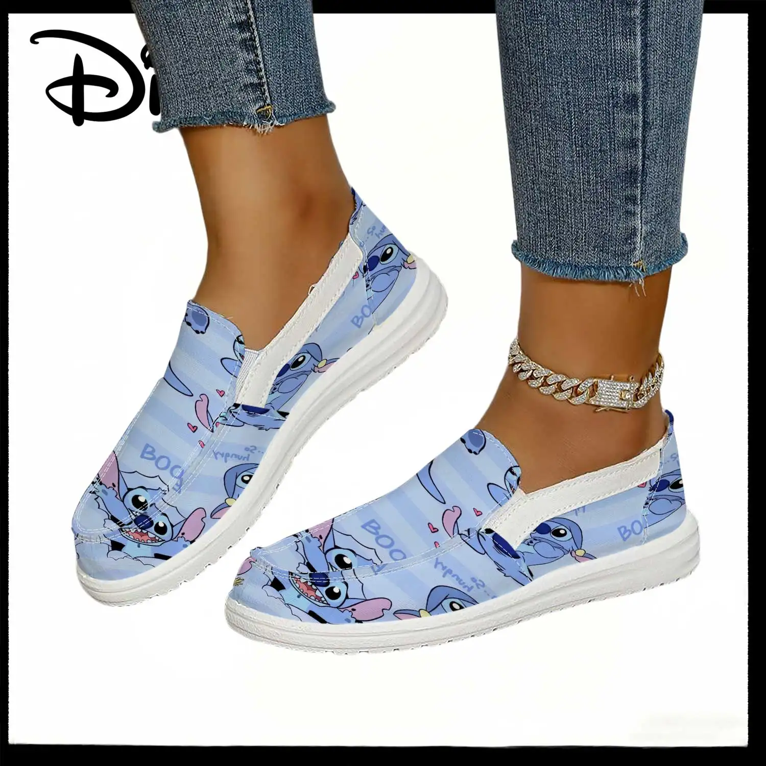 

Disney Lilo & Stitch "BOO" Print Light Blue Slip-On Sneakers – Comfortable Casual Shoes for Women