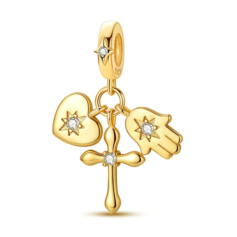 

925 Sterling Silver Charms Bead Golden Cross Hand of Fatima Heart Dangle Fit Original Bracelet DIY Women Jewelry