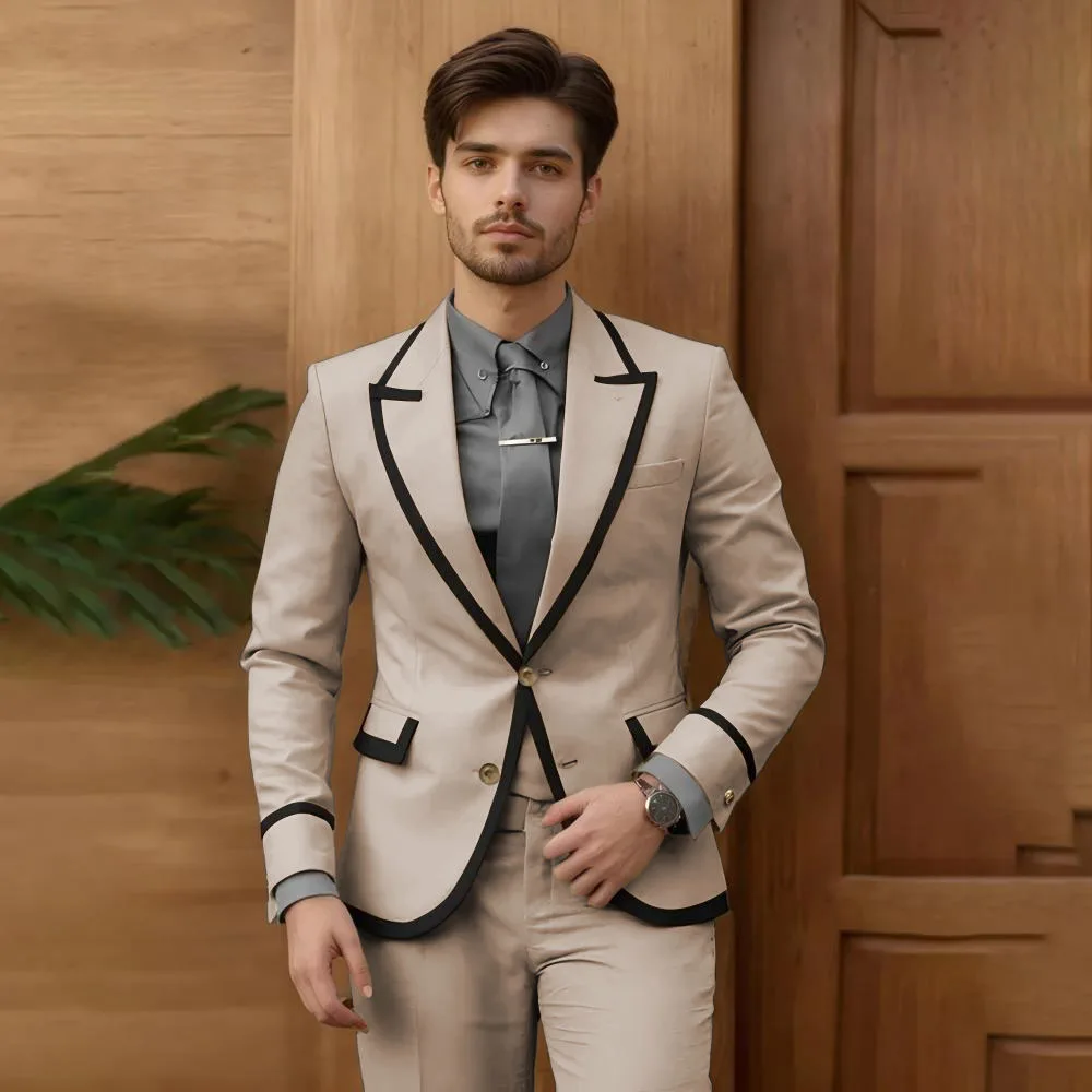 

Beige Male Fashion Suit 2 Piece Set Single Breasted Jacket Pants Groomsmen Prom Blazers Outfits Slim Fit Groom Wedding Tuxedos