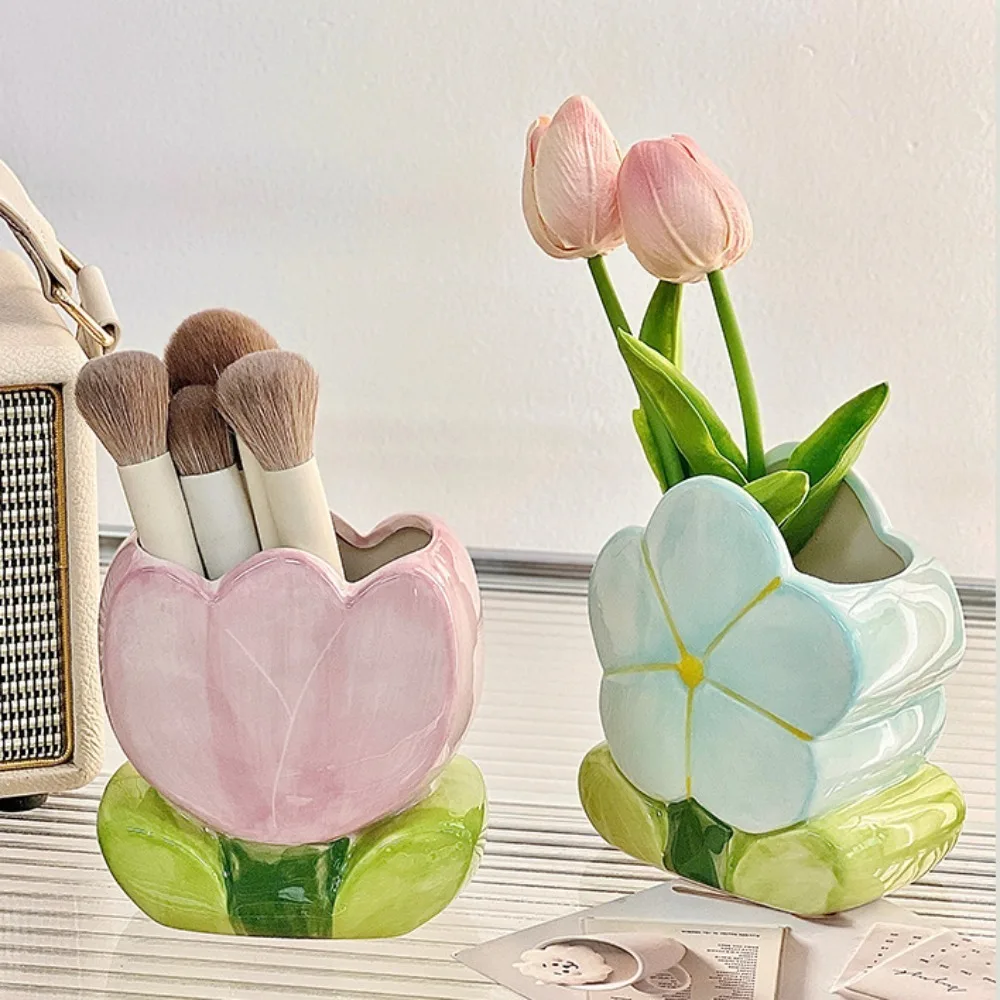 Ceramic Flower Makeup Brush Storage Bucket Tulip Flower Retro Flower Cute Flower Table Storage Pen Container Kawaii