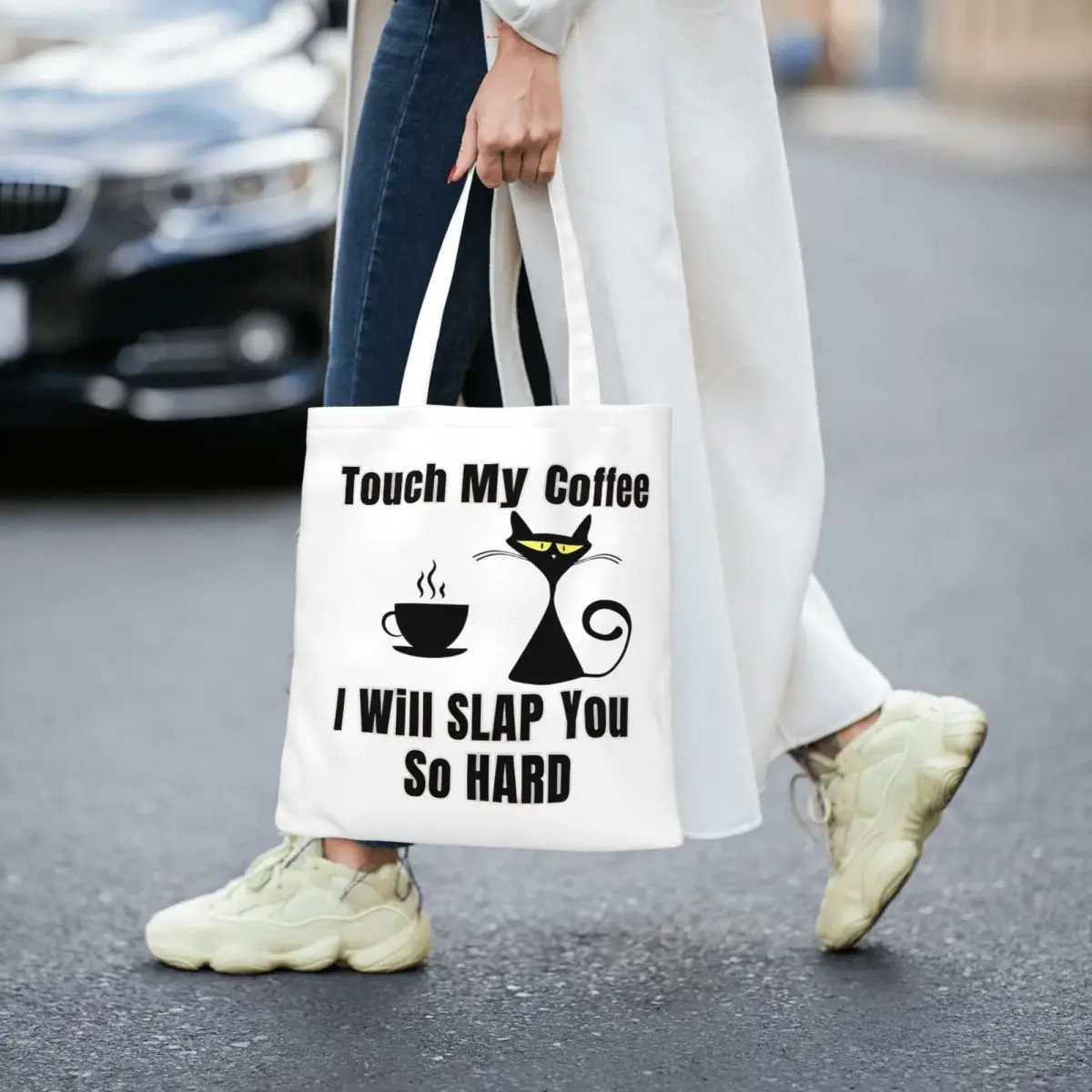 تلمس قهوتي سأقعك صعبًا جدًا، حقيبة قماشية لطيفة على شكل قطة، تصميم جمالي فريد من نوعه، حقائب مضحكة على شكل قطة ميمي للجنسين