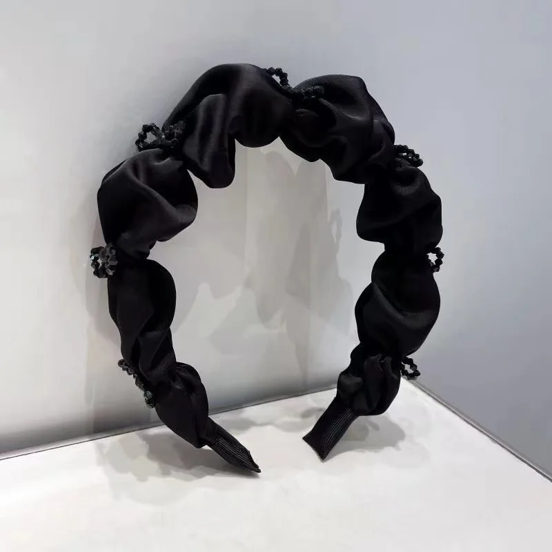 

Fashionable French style, solid color, black satin, pleated wide headband, luxurious and elegant hair accessory