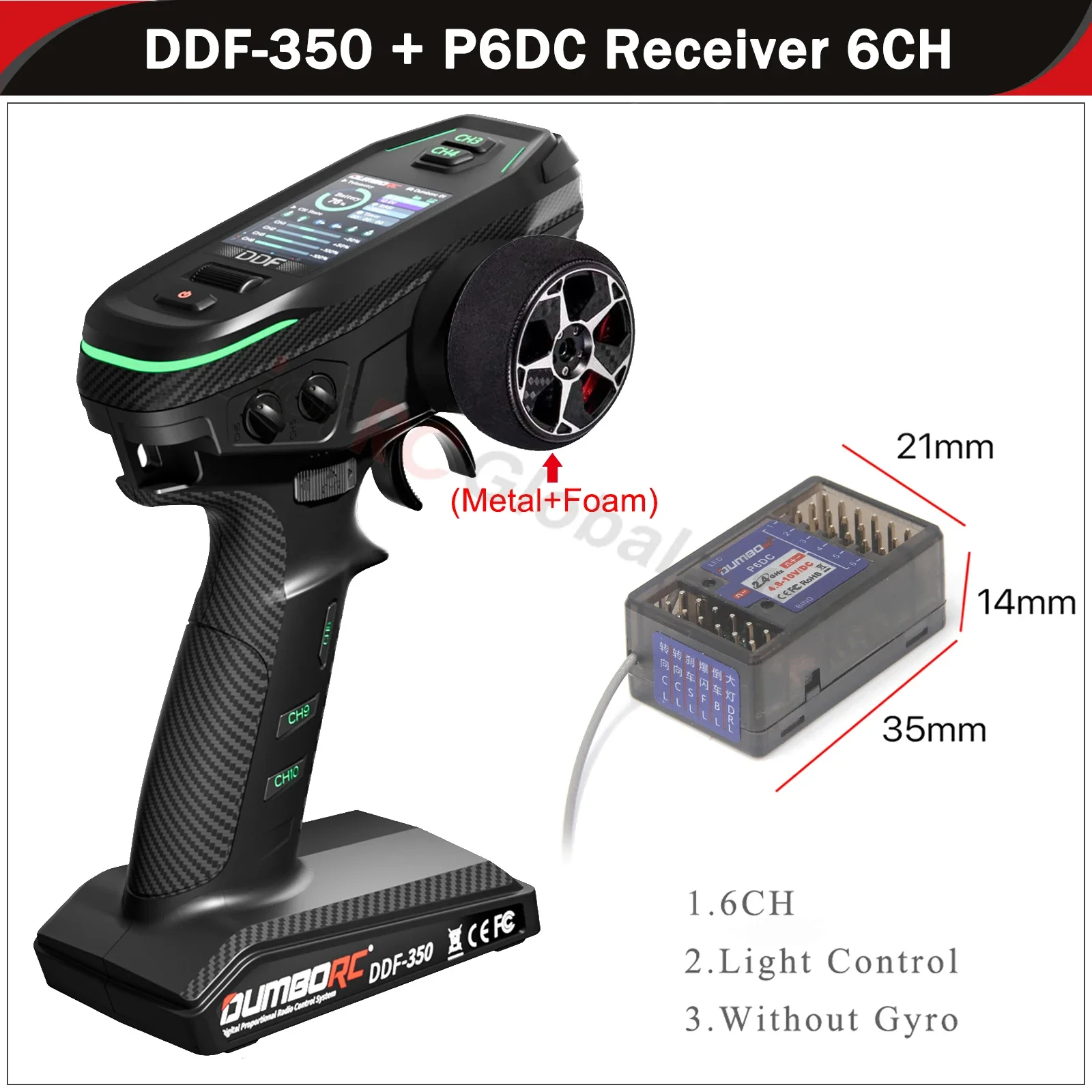 DUMBORC DDF-350 10CH 10-kanaals zender P6F P6DCG Gyro-ontvanger Metalen handwiel afstandsbediening voor RC auto vliegtuig boot