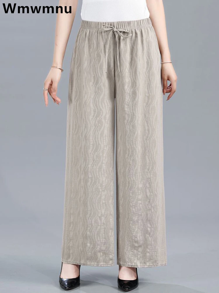 

Summer Ice Silk Baggy Mom Straight Pantalones New Casual Thin High Elastic Waist Wide Leg Pants Women Jacquard Sweatpants 2024