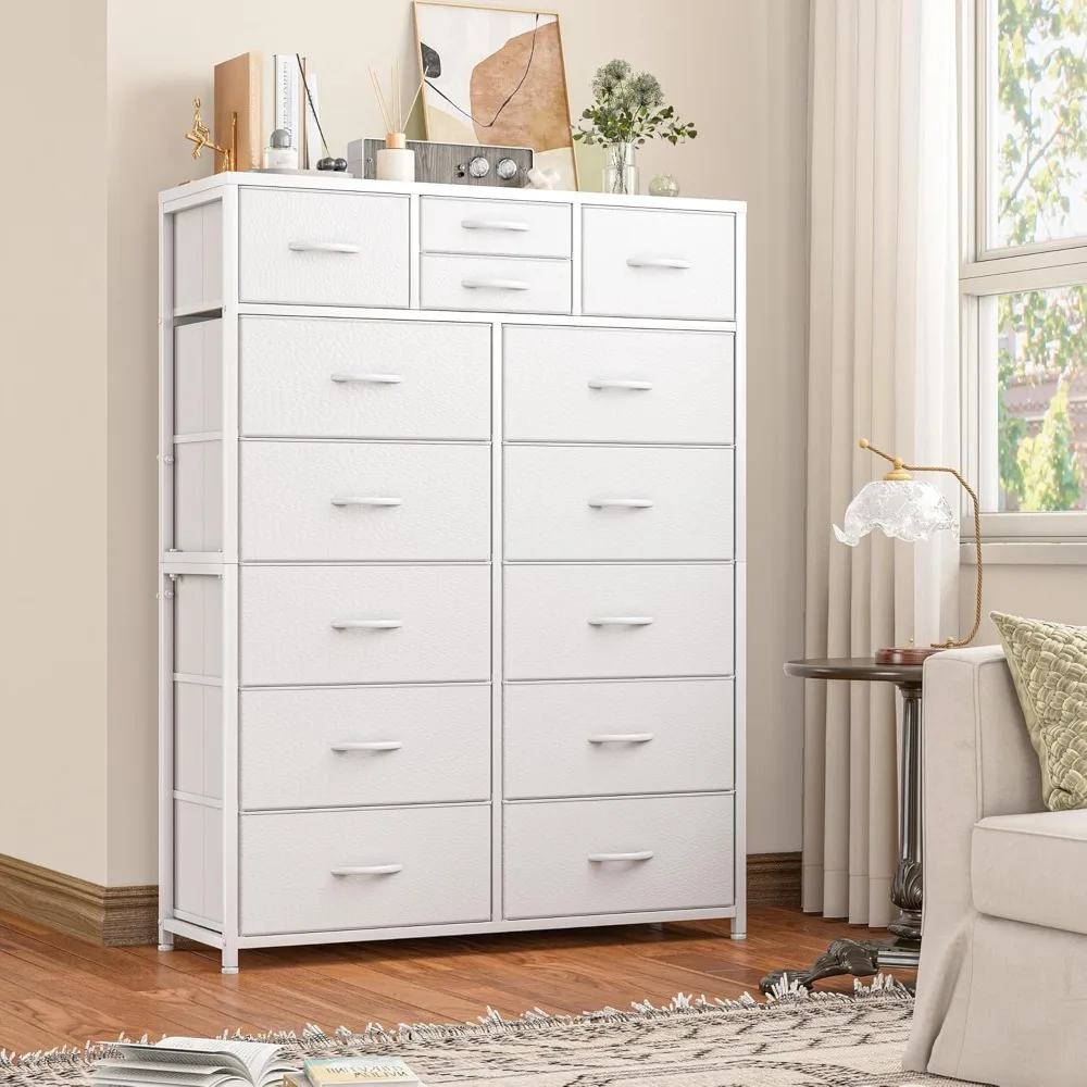 Dresser, White Dresser for Bedroom with 14 Deep Drawers Tall Dresser for Girls Bedroom,Closet,Wooden Top,Sturdy Metal Frame