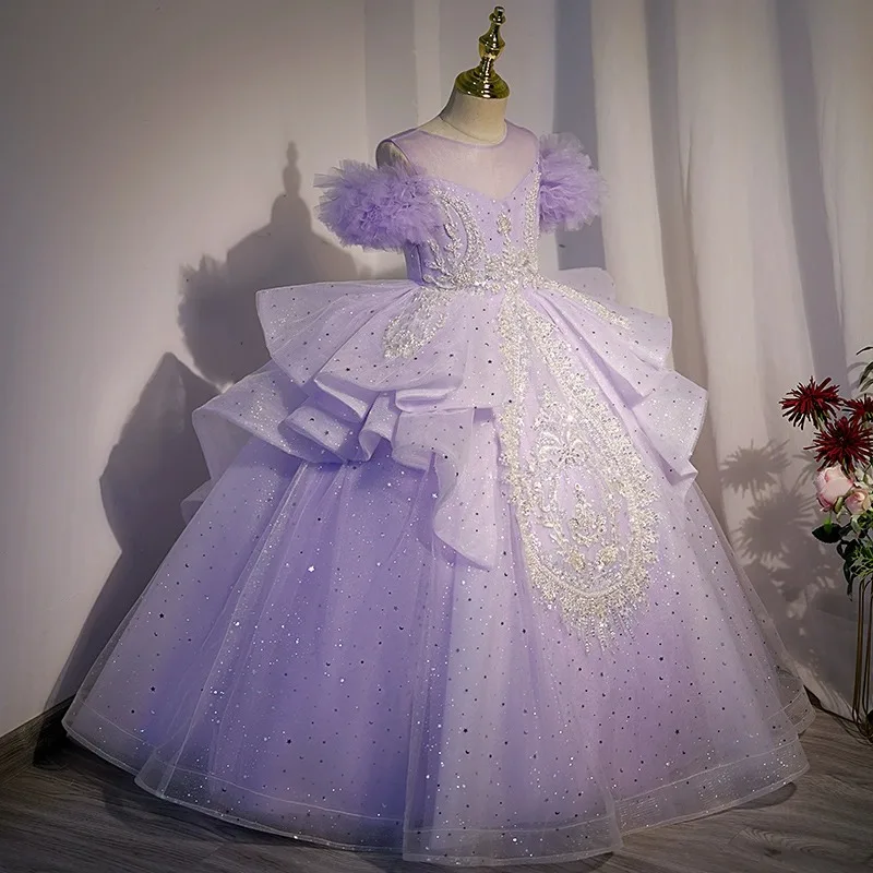 

Purple Girl Host Dress High-End Light Luxury Niche Children's Wedding Dress Puffy Flower Girl Piano Performance Dress Forest Sty