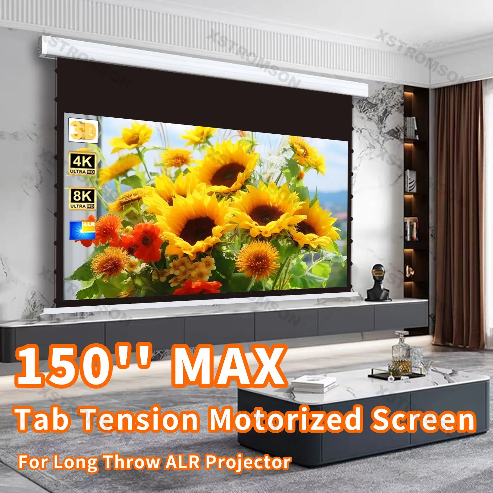 

72-150inch Ceiling Electric ALR Screen Motorized Tab Tension Ambient Light Rejecting Pull down Projector Screen for Home Theater