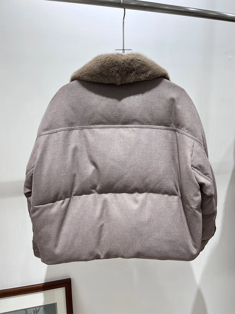 2025 المرأة شتاء دافئ أوزة أسفل سترة ريال فرو منك طوق الكشمير الصوف سترات قصيرة سترات منتفخة الإناث عادية #2