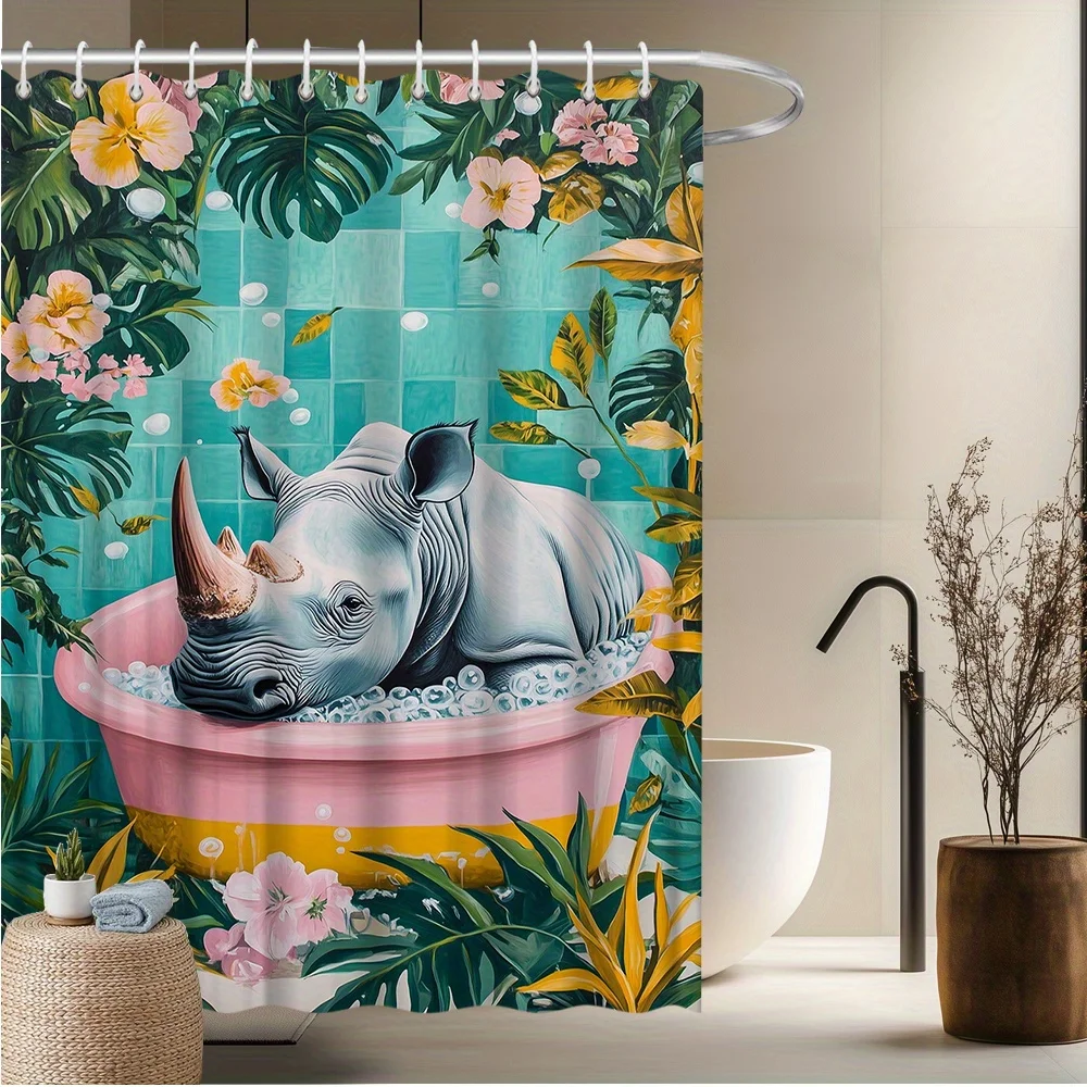 

1 шт. сюрреалистический серый носорог в розовой занавеске для душа для ванны с пузырьками, бирюзовой клеткой и тропическими листвами - высокое качество