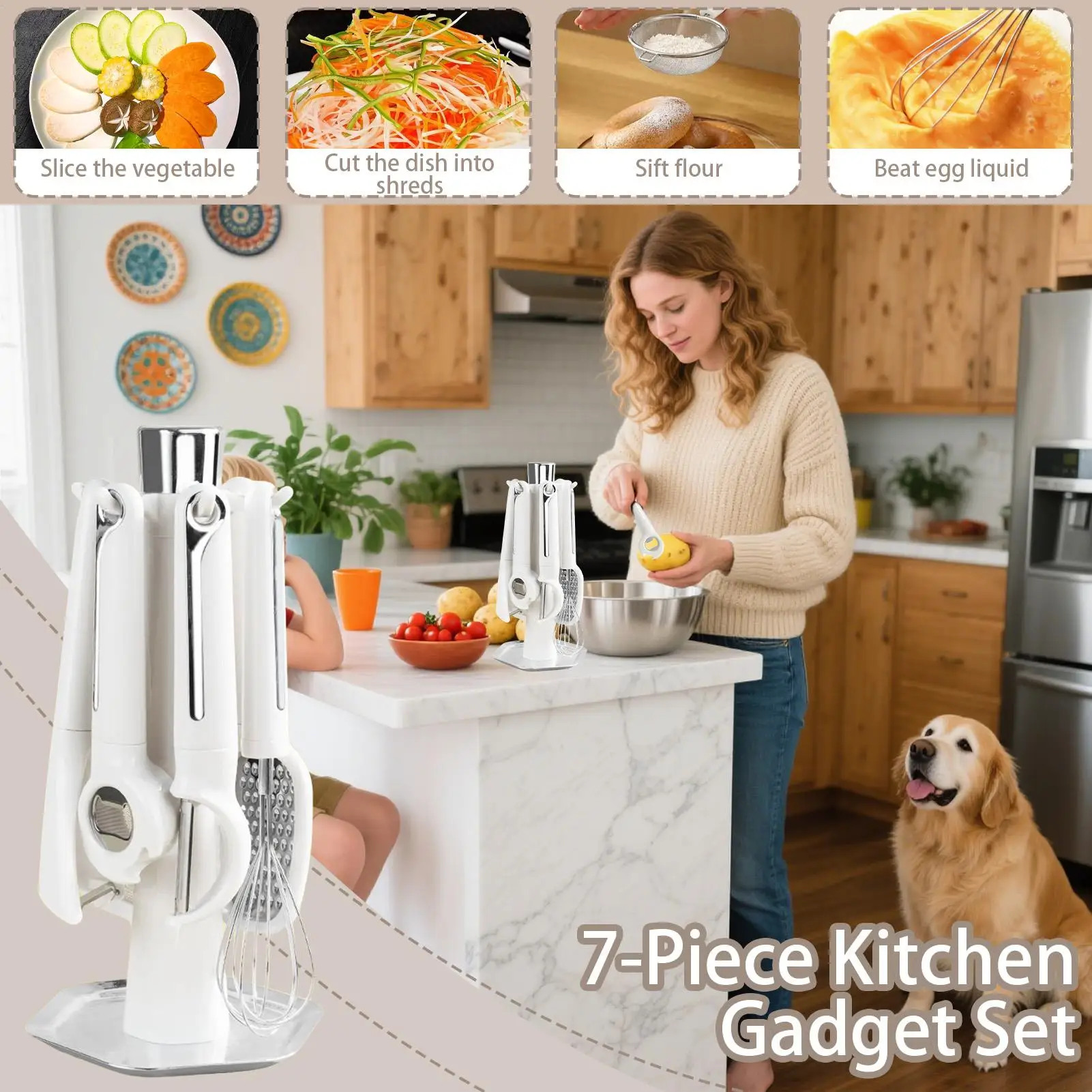 

Набор кухонной утвари, овощечистка с подставкой для хранения, в комплект входит открывалка для бутылок, овощечистка, терка, венчик и сито для домашней кухни