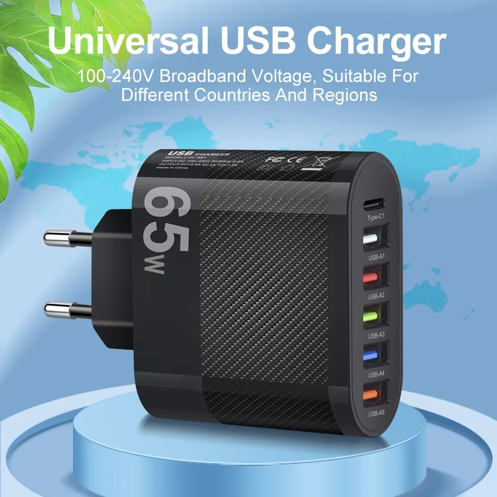 65W 6-Port USB Charger Station Desktop Charging Hub with Type-C QC3.0 PD Adapter for iPhone Samsung Xiaomi EU US  UK Plug