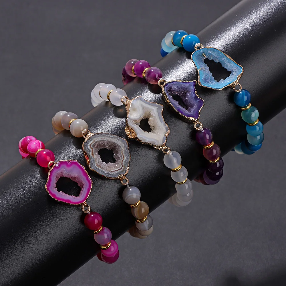 Natural Irregular Druzy Crystal Geode Agat Charm Bracelet 8MM Striped Agates Bead Stretch Bracelets For Women Men Jewelry Gift