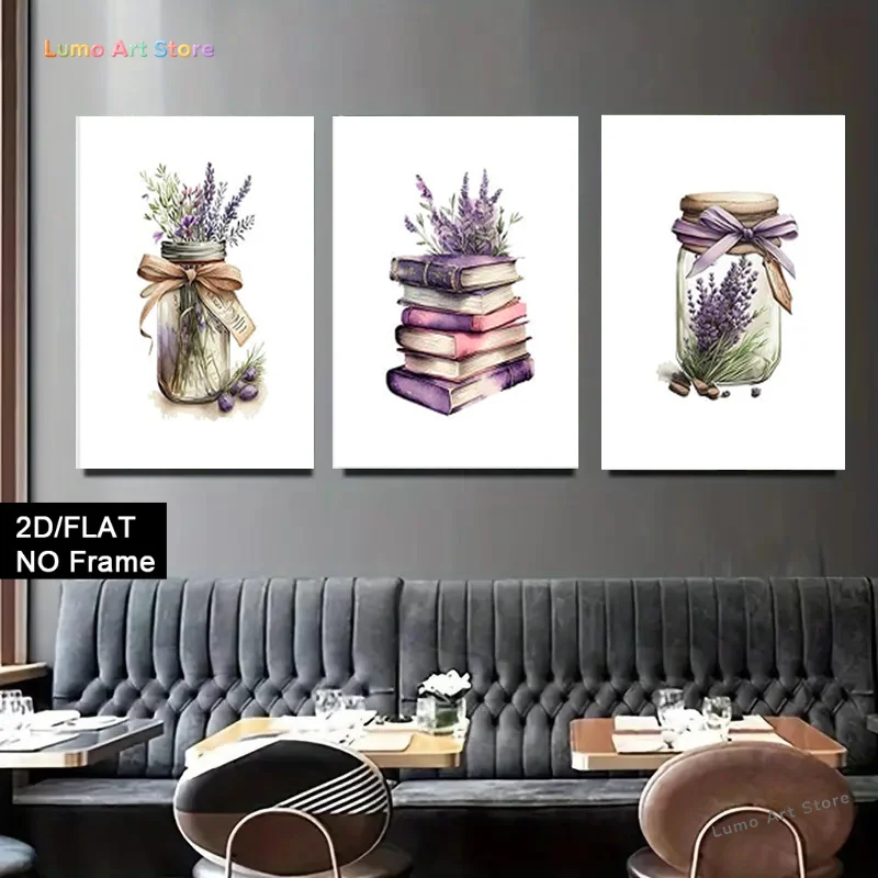 2D Flat, 3pcs Frameless Lavender Field Wall Art Set - Modern Minimalist Vertical Purple & White Floral Canvas Paintings, Soft