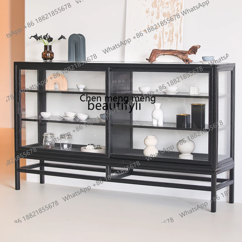 Modern  Nordic Italian Minimalist Sideboard Cabinet Solid Wood Storage Display Cabinet Black Glass Wine against the Wall