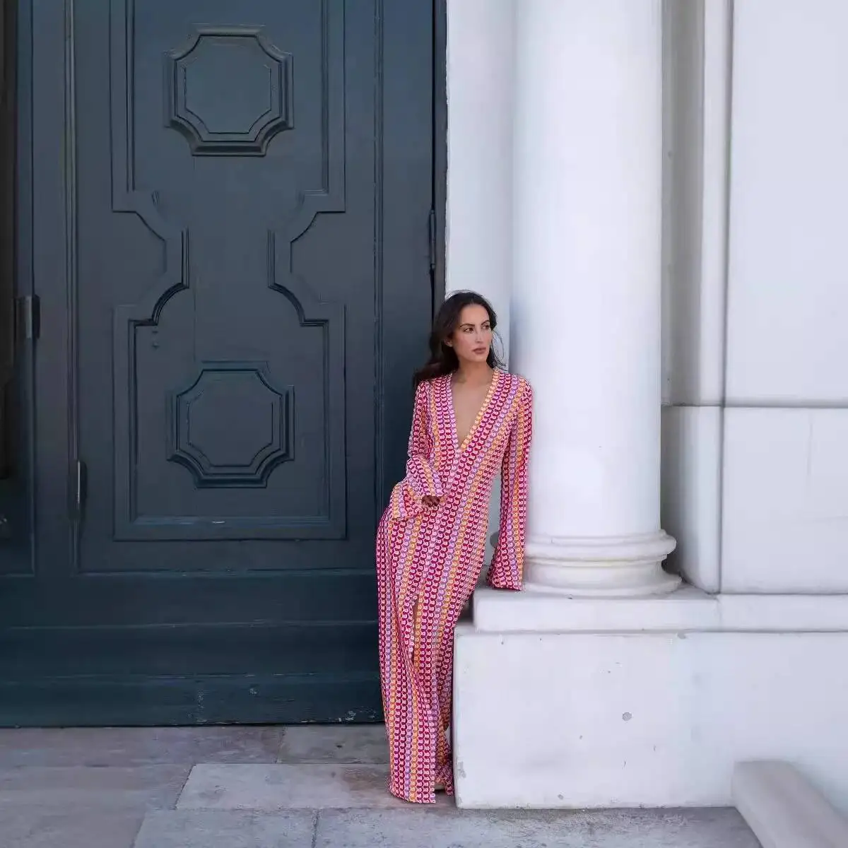 Crochet Colorful Stripe Maxi Dress Women Flare Sleeve V-Neck High Split Sexy Long Dresses 2025 New Summer Beach Banquet Vestidos