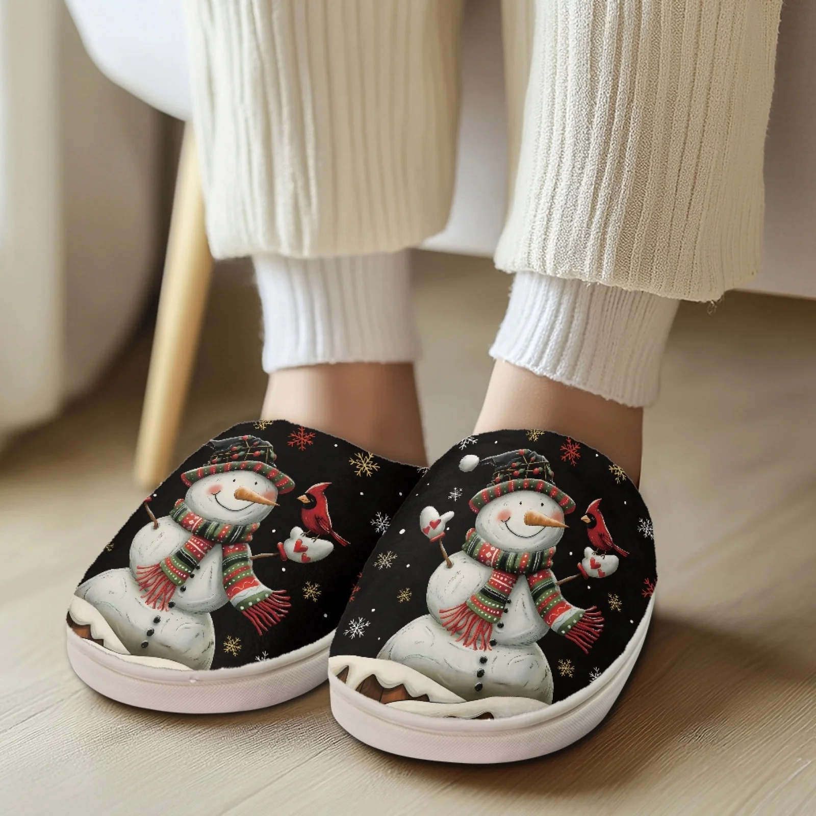 PENSTROLL Snowman Print Plus Size Women Slippers Wide Fit Spa Slipper for House Teacher Home Slippers