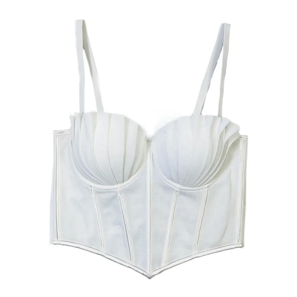 

Fashion Pleated Mesh Camisole Transparent Slim Fit Mesh Fish Bone Corset Sleeveless Y2k Crop Tops Spring Summer