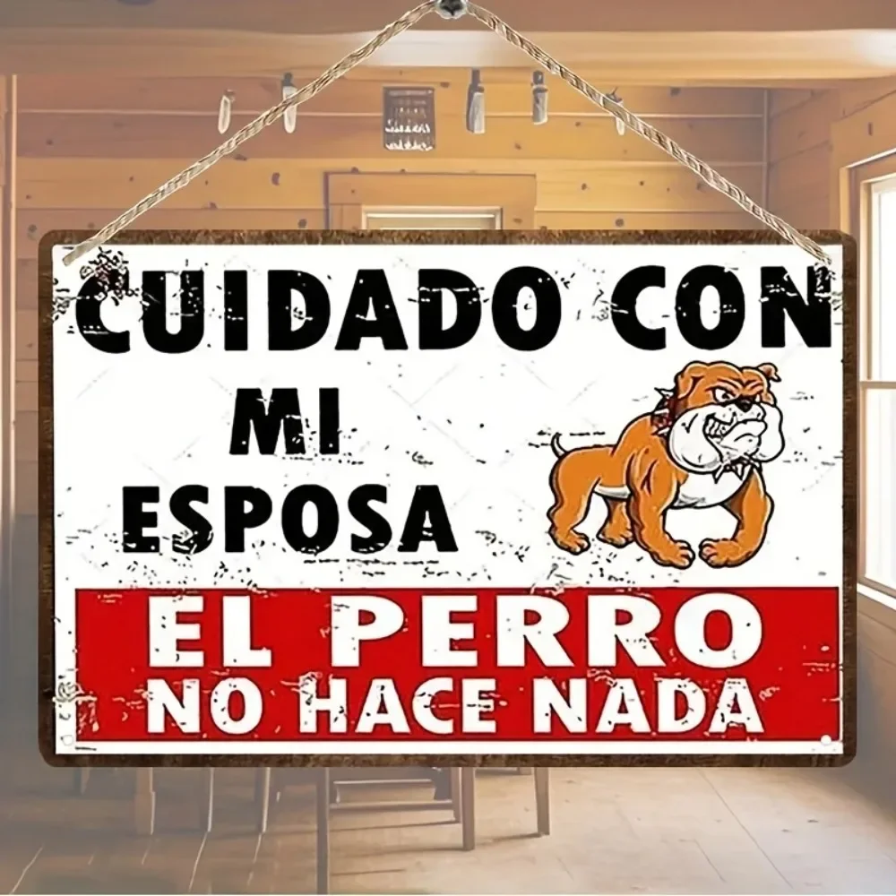 （2D Tin painting）Vintage Metal Sign Plaque Beware My Wife Is A Dog Funny Wall Decor for Home Bar Garage 2D Flat