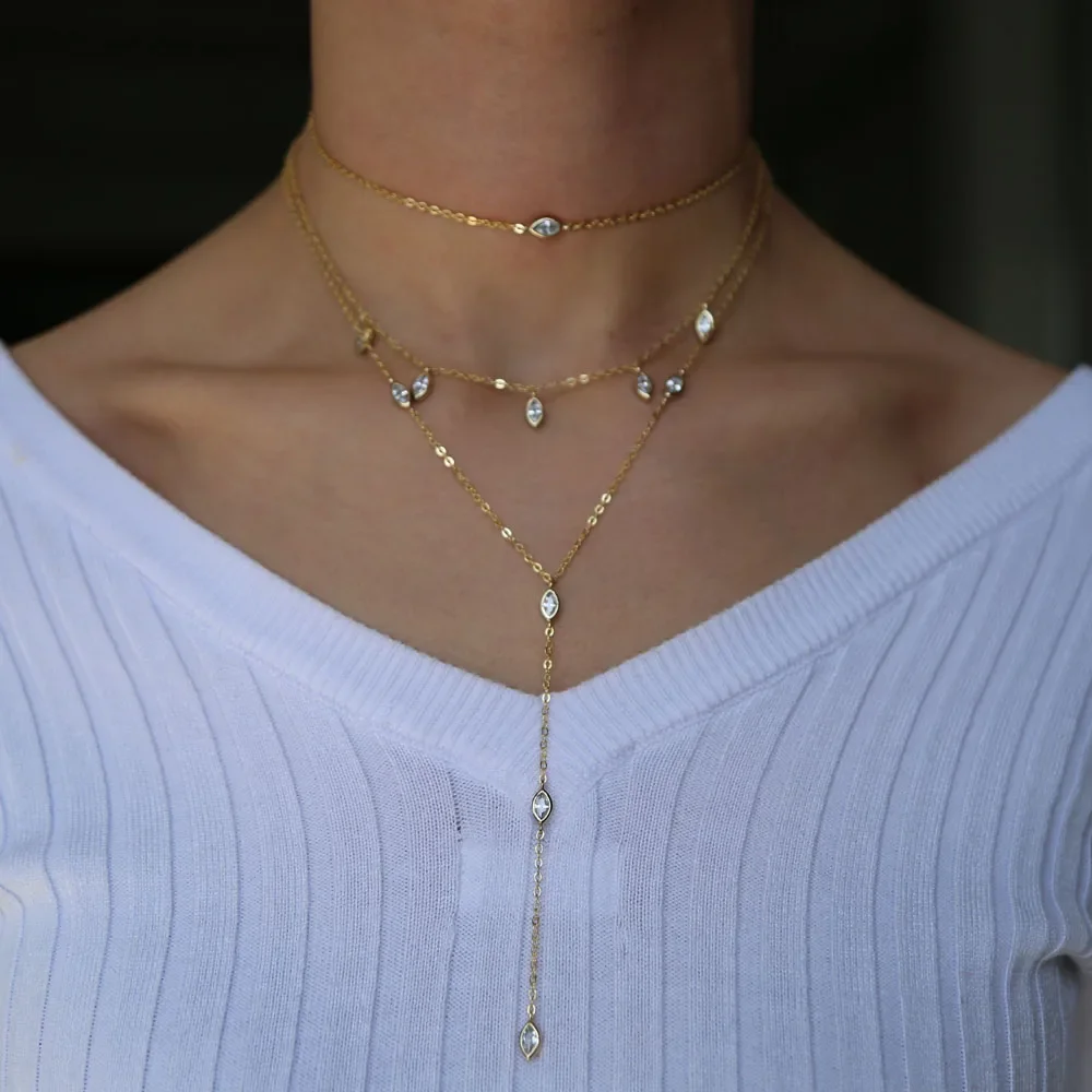 Fashion High-Quality Three-Layer Women's Necklace with Zircon Long Chain Inlaid with Water Drops Is a Luxury Jewelry Gift for