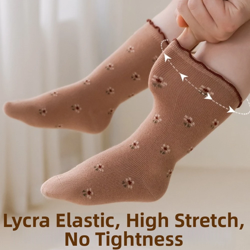 2 Pairs Soft Cotton Baby Fall Socks Ruffle Trim Breathable Girls Mid-calf Socks Small Flowers Pattern Princess Socks Daily Wear