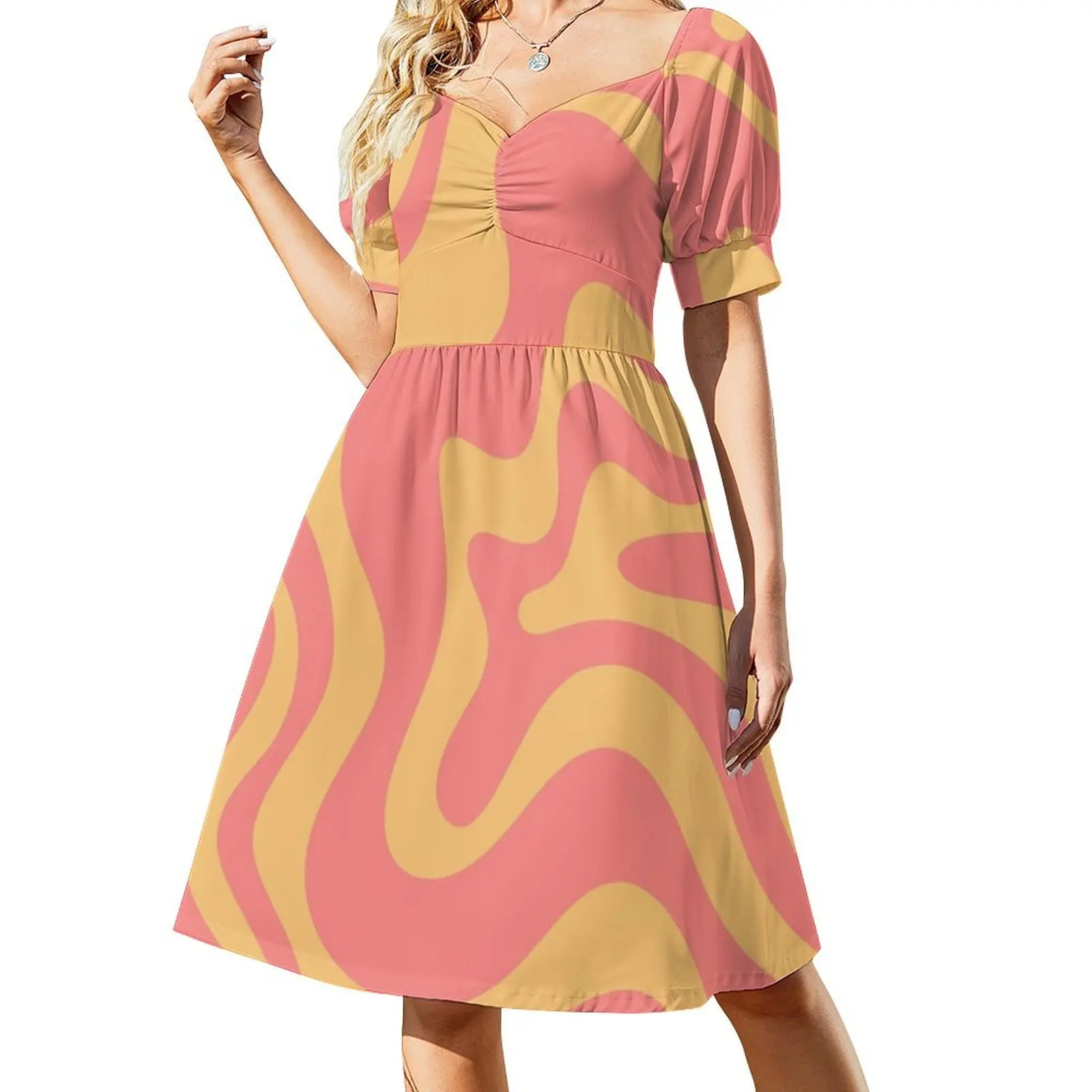 

Liquid Swirl Retro Modern Abstract Pattern in Pink and Mustard Yellow Short Sleeved Dress Women's summer dress Dress