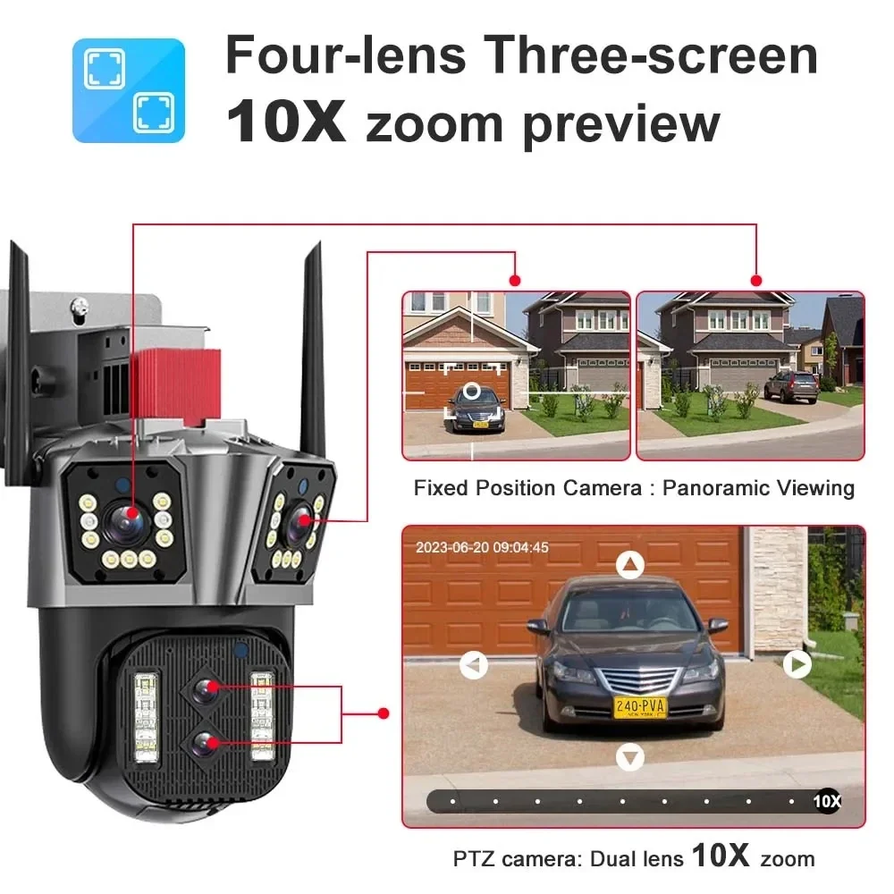 IPC360 Home App 16MP 8K 4 Lens 10X Zoom WiFi PTZ Camera 3 Screens Two Way Audio Auto Tracking Color Night Vision Security Camera