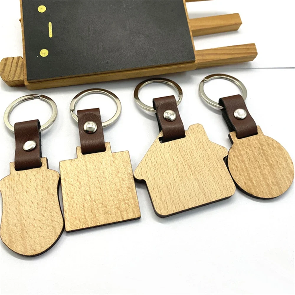 Blanks Wood Leather Keychain For Women Men Geometric Round House Leaf Wooden Key Chain Car Bag Keyrings Accessories