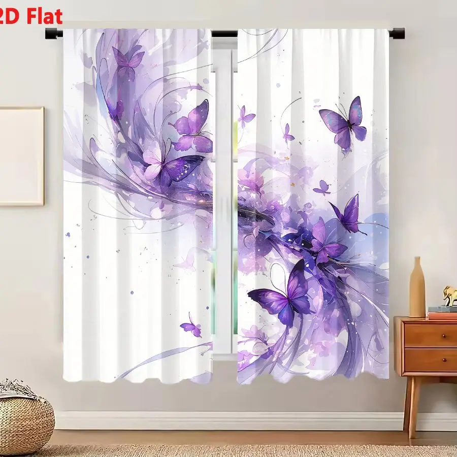 2Pcs Curtains Add 2D Flat Vibrant Purple Lavender Butterflies Abstract Flowing Lines Ethereal Digital Illustration Dynamic Swirl