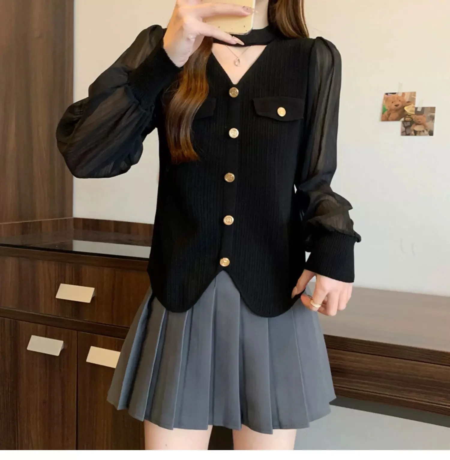 المرأة بلوزة قميص ربيع الخريف الشيفون كم طويل البلوز بلون الخامس الرقبة الأساسية الكورية الاسلوب المناسب شير الأعلى