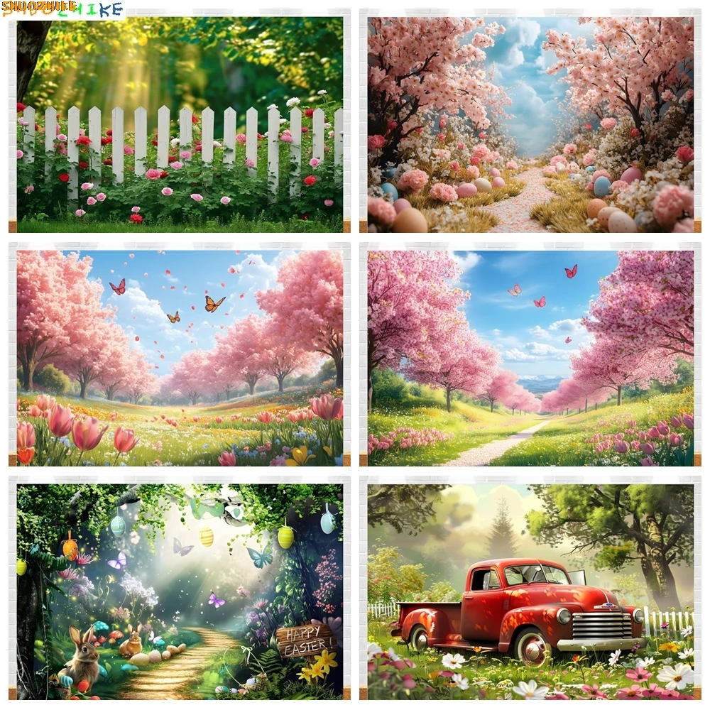 

Pink Floral Spring Tree Easter Day Eggs Background Garden Butterfly Birthday Party Rabbit Newborn Kids Photography Backdrop FX01