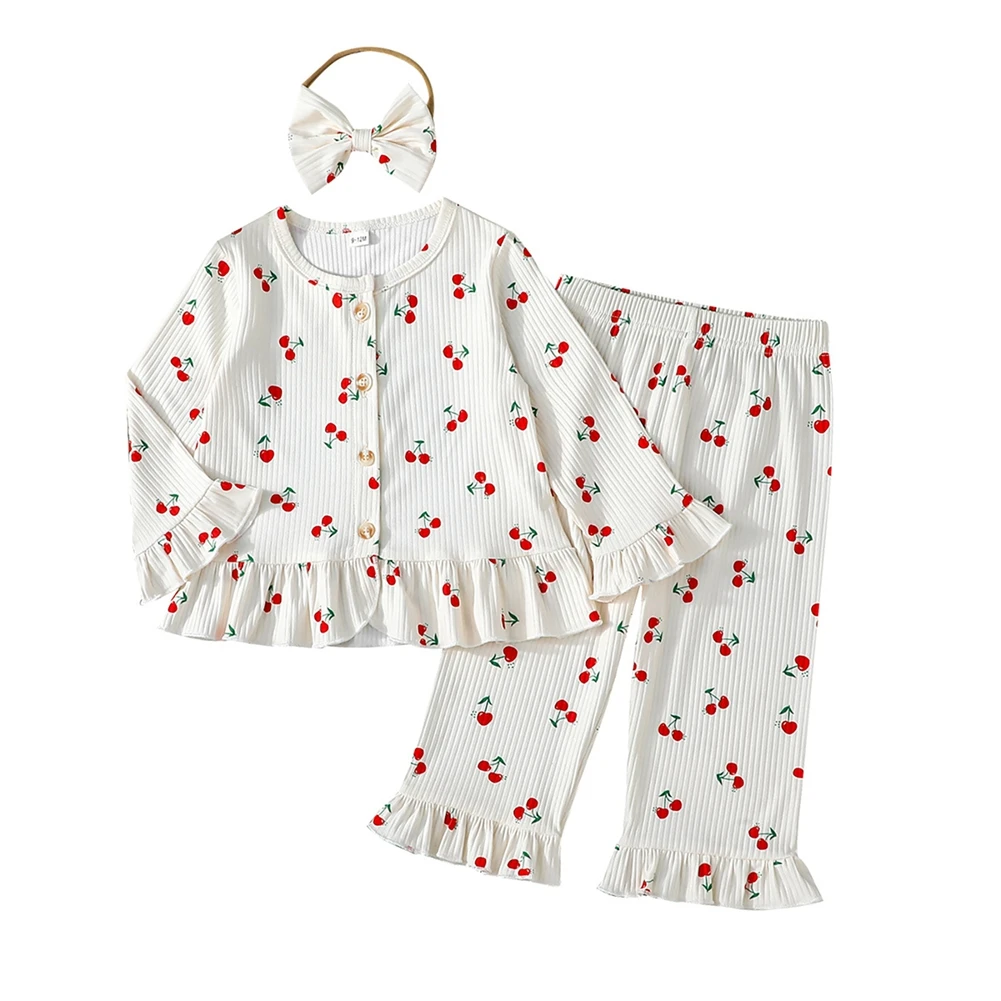 

Повседневная футболка с длинными рукавами для детей от 6 месяцев до 3 лет и штаны, спортивный комплект с вишневым принтом для пеших прогулок, уличная одежда