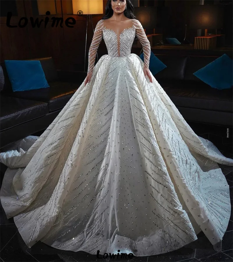 

Роскошные мусульманские свадебные платья Lowime с бусинами и кристаллами, королевское блестящее бежевое свадебное платье с длинным рукавом, свадебное платье 2024 от кутюр, свадебное платье невесты