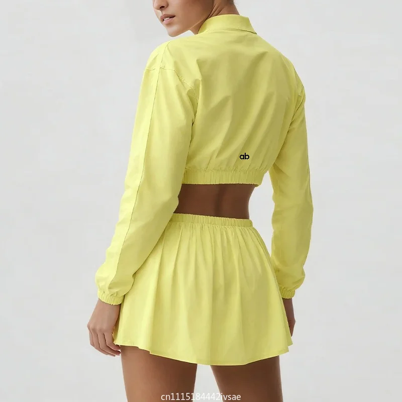 2026 Woman Quick-dry Solid Color 2 Pieces Casual Sets Long Sleeve Zipper Crop Tops Drawstring Adjustable Shorts Breathable Sets
