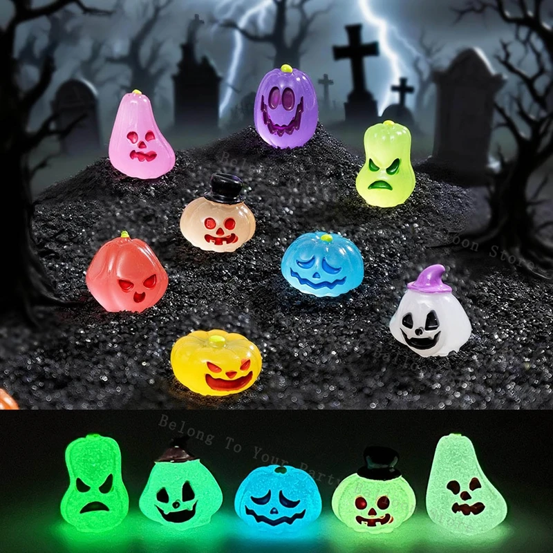 8-40PCS Luminous Halloween Resin Mini Figurines 8 Styles Pumpkin Ghost Ornaments Glow In Dark Home Table DIY Craft Decorations